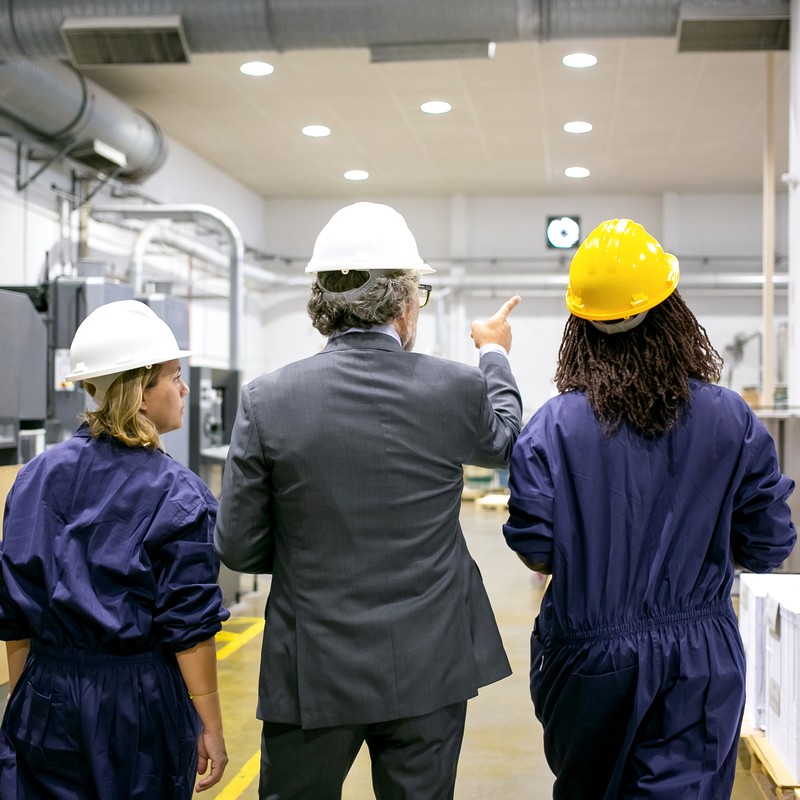 Male engineer and female factory employees in hardhats